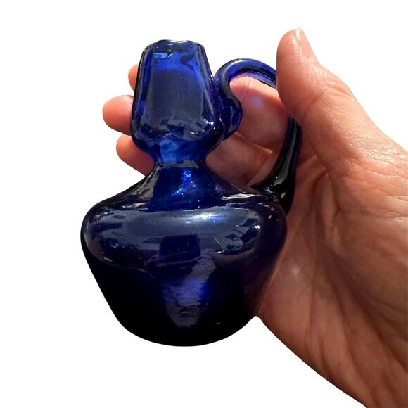 Cobalt Blue Miniature Pitcher Jug Vintage Handblown Swirled Glass Bottle 3.75 in - Picture 5 of 6